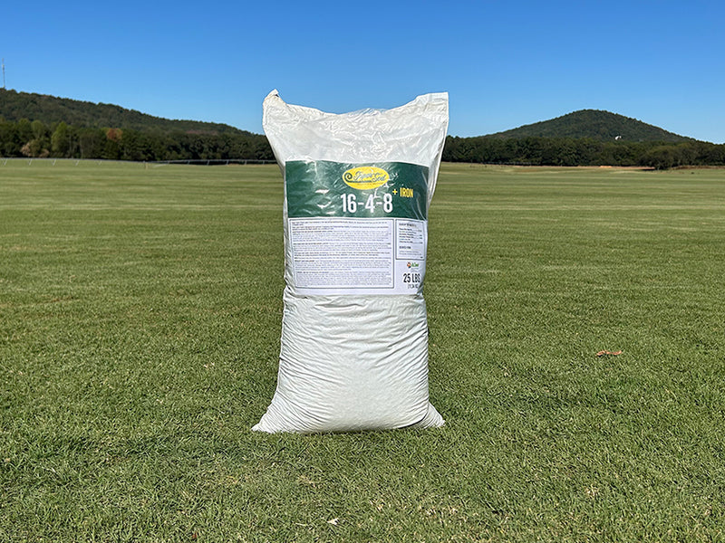 Super-Sod's 16-4-8 plus iron fertilizer shipped in a 25 lb bag 