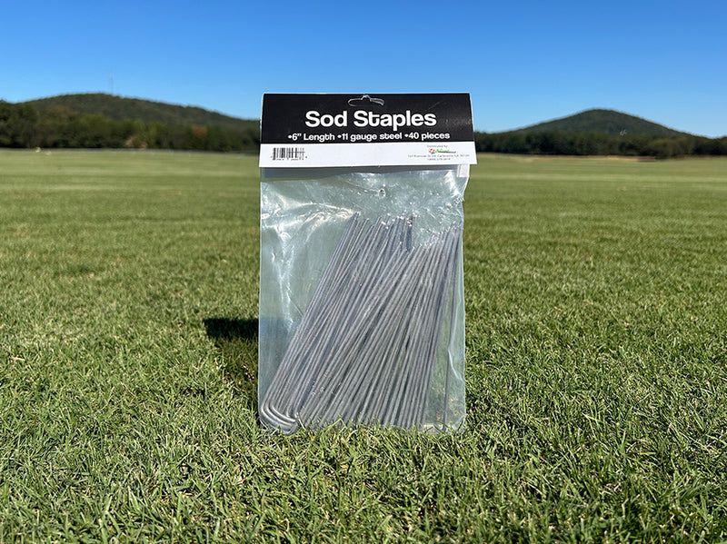 sod staples for installing sod and securing sod pieces, rolls, and slabs